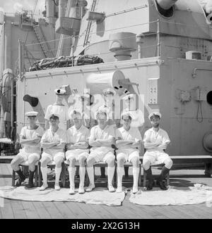 MEN OF THE HMS SUFFOLK, A CRUISER SERVING WITH ADMIRAL JAMES SOMERVILLE'S EASTERN FLEET. 12 DECEMBER 1943, TRINCOMALEE. THE MEN ARE DIVIDED INTO GROUPS BY TOWN AND/OR DISTRICT. - Gravesend and Dartford District group. Front row, left to right: OM A Machan, Dartford; OM D Hollands, Northfleet; C ERA N Wain, Dartford; OA G Cole, Gravesend; PO C Davis, Gravesend; AB Webster, Northfleet. Second row, left to right; Stoker J Cherry, Swanscombe; Mne G Piper, Northfleet; Mus J Johnson, Dartford; AB G Chase, Gravesend Stock Photo