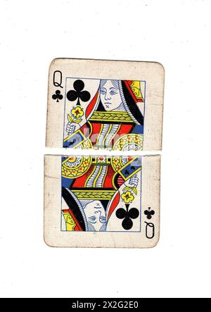 Queen Card Ripped A vintage, well used queen of diamonds playing card torn in half on a ...