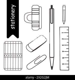 Set stationery. Clip; ruler; pen; pencil; eraser; exercise book. Vector illustration. Flat style. Stock Photo