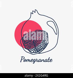 Illustration  logo of a pomegranate fruit drawn with a black pen. In a flat style. The contour is a single line. For icon; web; logo; design and print Stock Photo