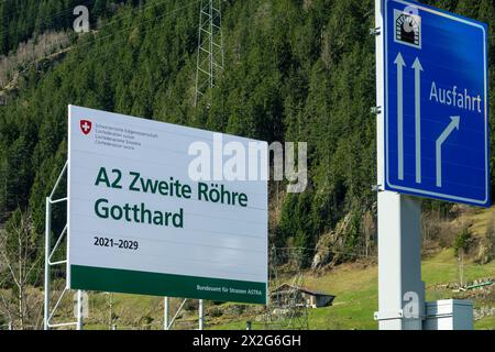 Goschenen, Switzerland - April 6, 2024: Board of the Swiss Federal Road Office: the second tube of the Gotthard tunnel on the A2 motorway Stock Photo