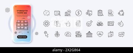 Carousels, Currency rate and Heartbeat line icons for web app. Pictogram icon. Phone mockup gradient screen. Vector Stock Vector