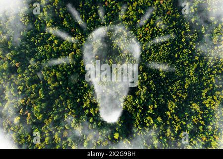 Green Field With Light Bulb Fog, Bird's Eye View. Save The Plant, Concept. Ecology Stock Photo