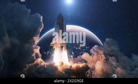Space Rocket Lift Off Into Cosmos With Smoke And Blast On A Background Of The Blue Planet Earth. Spacecraft Flies In Space With A Starry Sky Near The Stock Photo