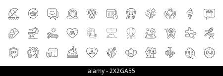 Beach umbrella, Search puzzle and Smile face line icons. For web app, printing. Line icons. Vector Stock Vector