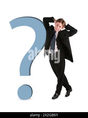businessman with big question isolated on white collage Stock Photo