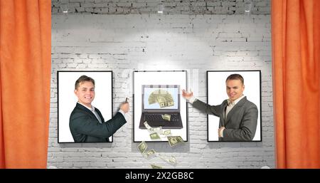 traders with cool money notebook on three frames on brick wall and draperies collage, our notebook for ages Stock Photo