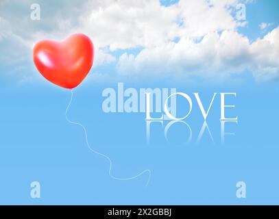 inflatable heart shape balloon in cloud sky and LOVE word collage Stock Photo