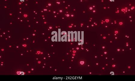 Neon red and pink hearts on dark red background 8k illustration. Love concept abstract background. Stock Photo