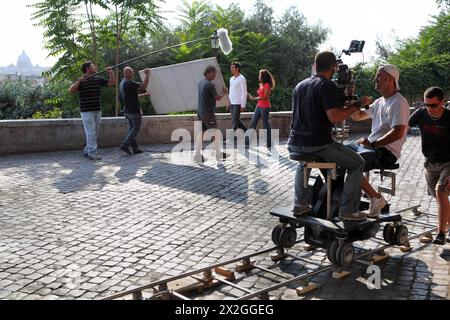 ROME - AUGUST 4: Shooting film near Villa Medici on August 4, 2010 in Rome, Italy. First Italian films were shot in 1885 Stock Photo