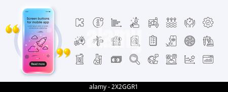 Timer, Checklist and Startup rocket line icons for web app. Pictogram icon. Phone mockup gradient screen. Vector Stock Vector
