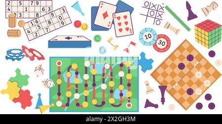 Board games cartoon set. Chess and puzzle, game cards and bones. Various types equipment for leisure and friends meet, decent vector collection Stock Vector