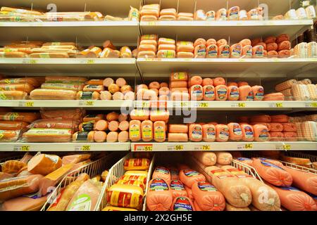 MOSCOW - FEBRUARY 6: Sausage in store, on February 6, 2011 in Moscow, Russia. In Russia new regulations 'On safety of food additives' is being prepare Stock Photo