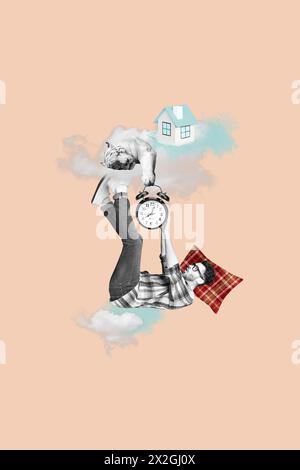 Sketch image composite trend artwork 3D photo collage of sleepy guy hold clock in hand watch dreams with tiger house on cloude Stock Photo