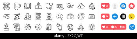 Settings blueprint, Refrigerator timer and Global business line icons pack. For web app. Social media icons. Vector Stock Vector