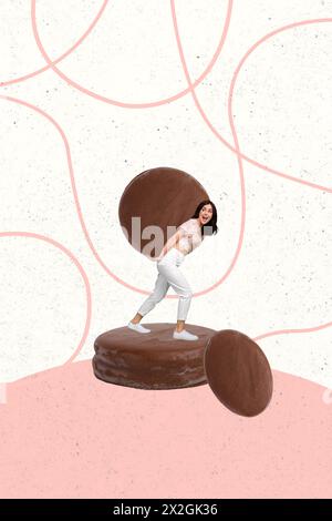 Trend artwork sketch composite 3D photo collage of young strong happy lady stand hold in hand huge chocolate glaze cookie carry on back Stock Photo