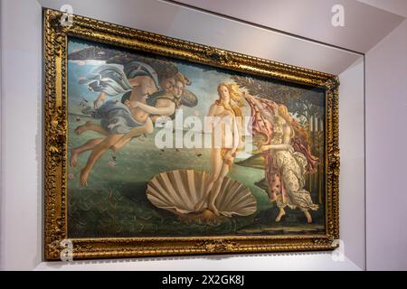 Florence, Italy-April 04, 2024: The Birth of Venus tempera on linen canvas by Sandro Botticelli (1485)displayed in the Uffizi Gallery, Florence Stock Photo
