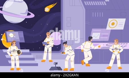 Crew on spaceship. Astronauts in spacesuits and pilot. Interstellar travelers, space explorations team with engineer. Colorful cartoon snugly vector Stock Vector