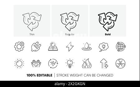 Energy line icons. Solar panels, wind energy and electric thunder bolt. Linear set. Line icons. Vector Stock Vector