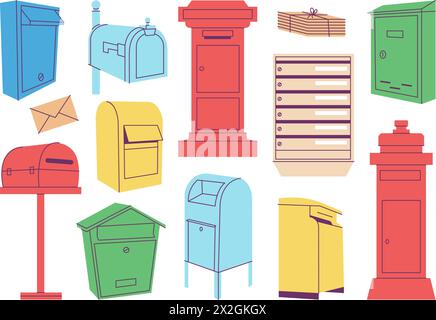 Cartoon mailboxes. Isolated mailbox, different letterboxes for letters and bills. Postal elements, envelopes pile with rope. Classic postbox decent Stock Vector