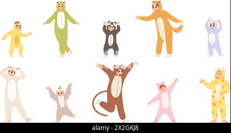 Funny pajama characters. Happy adults and children wearing animals pajamas. Halloween costumes, christmas home party, cartoon snugly vector set Stock Vector