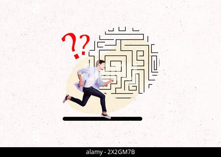 Sketch image composite trend artwork 3D photo collage of young hadsome guy run mental health think mind labyrinth maze stress therapy Stock Photo