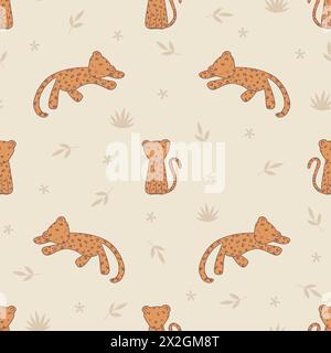 Seamless vector pattern with cute leopards, great for baby and nursery products, kids textile. Vector illustration Stock Vector