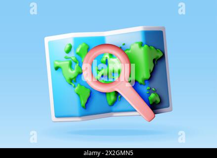 3D Location folded paper map with magnifying glass Stock Vector