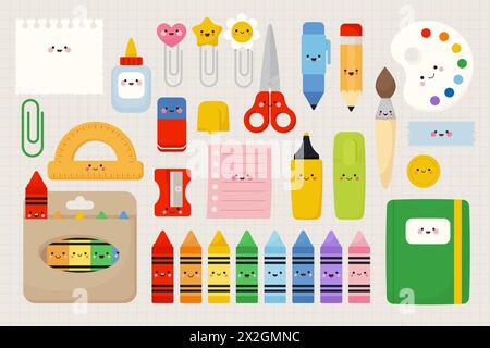 Cute school supplies characters set. Vector illustrations in kawaii style Stock Vector
