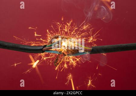 Sparks explosion between electrical cables, on red  background, fire hazard concept, soft focus Stock Photo