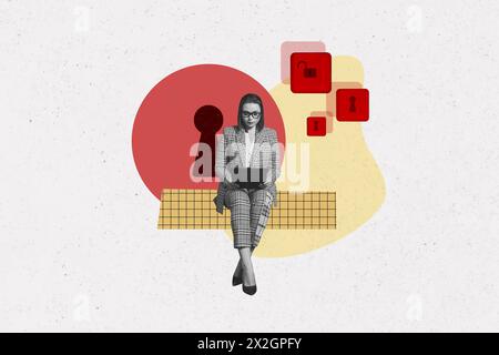 Sketch image composite trend artwork photo collage of black white silhouette retro lady sit on platform type laptop key lock private data Stock Photo