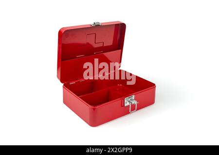 Red first aid kit box, opened and isolated on white background, empty copy space Stock Photo