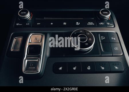 Car control dashboard. New car interiors. Elegant modern navigation panel with buttons. Part of vehicle. Car design. Business class auto design Stock Photo