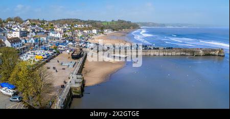 A panorama view over Saundersfoot village, harbour and beach in Wales on a bright spring day Stock Photo