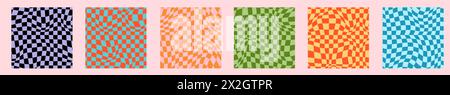 Psychedelic checkerboard background set. Wavy vector illustrations, trendy psychedelic style and groovy color checkerboard. Stock Vector