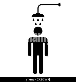 Shower icon. Man washing in the shower. Taking or having a shower. Human black silhouette. Shower cabin vector symbol. Isolated on white background. Stock Vector