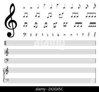 Set of musical notes on five-line clock notation without a featu Stock ...