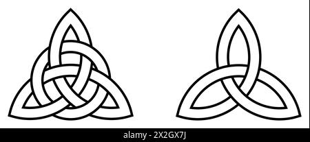 Triquetra sign icon set. Leaf like celtic simple symbol black line vector Trikvetra knot with circle Power of three viking tribal for tattoo. Stock Vector