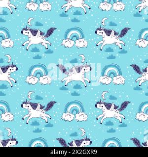 Vector seamless pattern of magical unicorns in the sky among fluffy clouds. Hand drawn illustration of a unicorn, rainbow and cloud on a blue Stock Vector