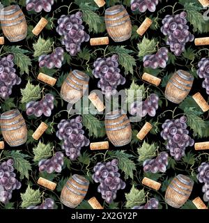 Seamless pattern with grapes, green leaves, grape vines, barrel, red , wine corks. Hand drawn watercolor illustration. Isolated on white background. F Stock Photo