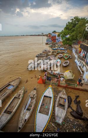 Panoramic view from above Meer Ghat of a swollen Ganges River during monsoon at Varanasi, India. Stock Photo