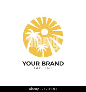 palm tree beach and sun logo illustration template Stock Vector