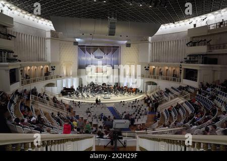 MOSCOW - FEBRUARY 26: People are seats before concert of Symphony Orchestra of Moscow State Conservatory named after P. Tchaikovsky in Tchaikovsky Con Stock Photo