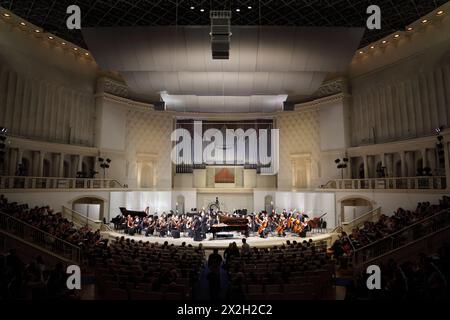 MOSCOW - FEBRUARY 26: Symphony Orchestra of Moscow State Conservatory named after P. Tchaikovsky prepares for concert in Tchaikovsky Concert Hall, on Stock Photo