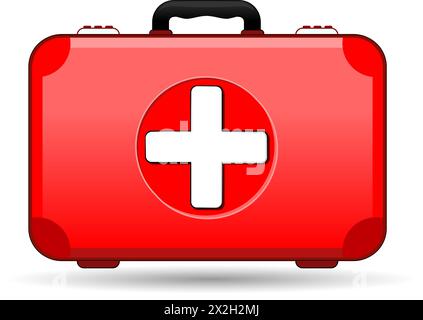 Red medical case. First AID kit. Rescue kit isolated on white background. Emergency icon. Vector illustration. Flat design Stock Vector