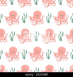 Cute octopus seamless pattern. Fashionable template with sea creatures for wrapping paper, wallpaper, stickers, textiles. Stock Vector
