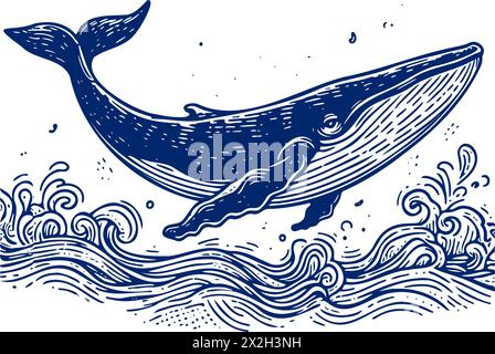 blue whale is flying through the ocean. The image has a serene and peaceful mood, as the whale is soaring through the water with its tail flapping beh Stock Vector