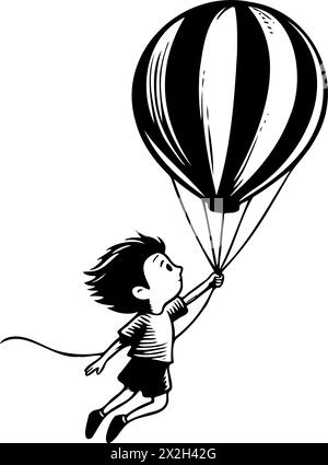 boy is holding a balloon and flying through the air. The image has a playful and whimsical mood, as the boy is depicted as having a sense of adventure Stock Vector
