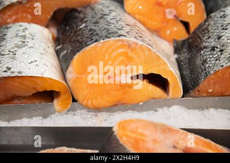 Close-up Fresh raw salmon fillets on Ice Stock Photo