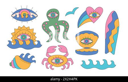 Summer groovy abstract surf, waves, shell, crab, octopus. Trippy bright designs for t-shirt print, poster, sticker, logo. Stock Vector